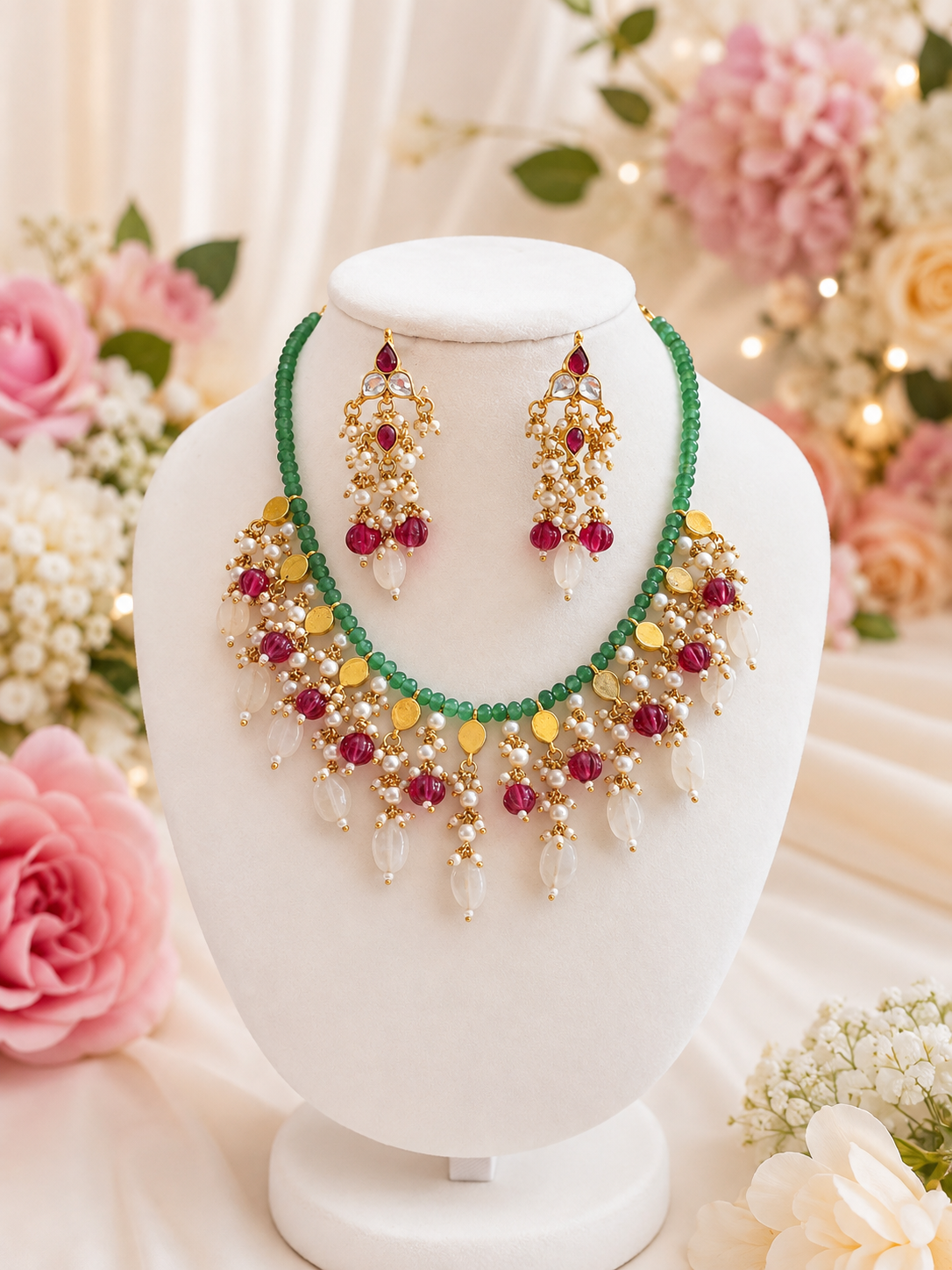 Emerald and Pink Beaded Necklace Set with Gold Accents