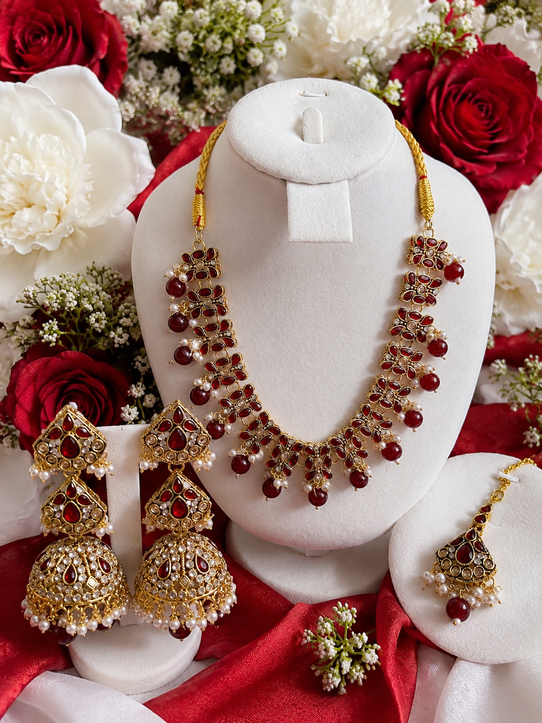 Royal Red & Gold Bridal Jewelry Set with Jhumka Earrings & Maang Tikka