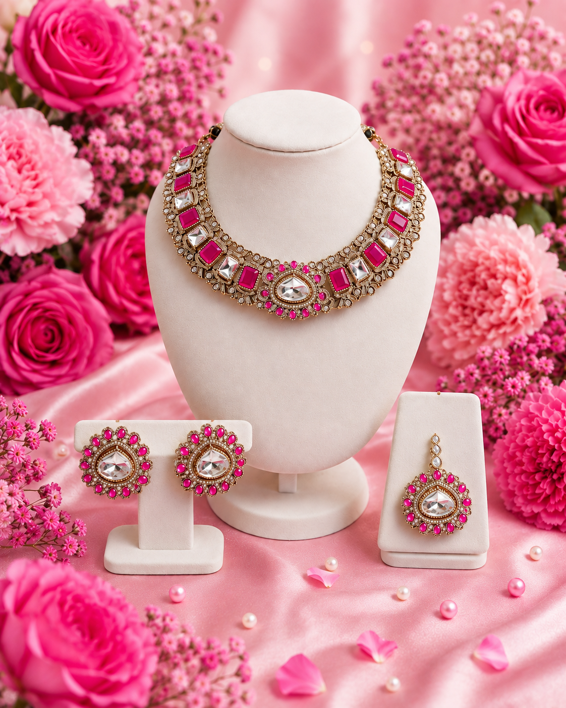 Gold-Tone Necklace Set with Vibrant Pink Stones