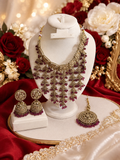 Royal Ruby Red & Gold Bridal Jewelry Set – Elegant Necklace, Jhumka Earrings & Maang Tikka