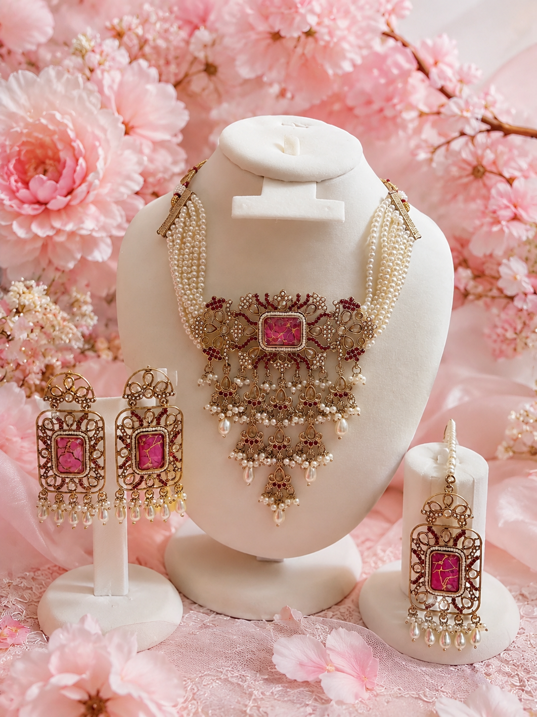 The Shine Charm Royal Pink Pearl Necklace Set with Matching Earrings & Pendant