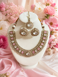 Blush Pink & Crystal  Jewelry Set – Elegant Gold-Tone Necklace, Earrings & Maang Tikka
