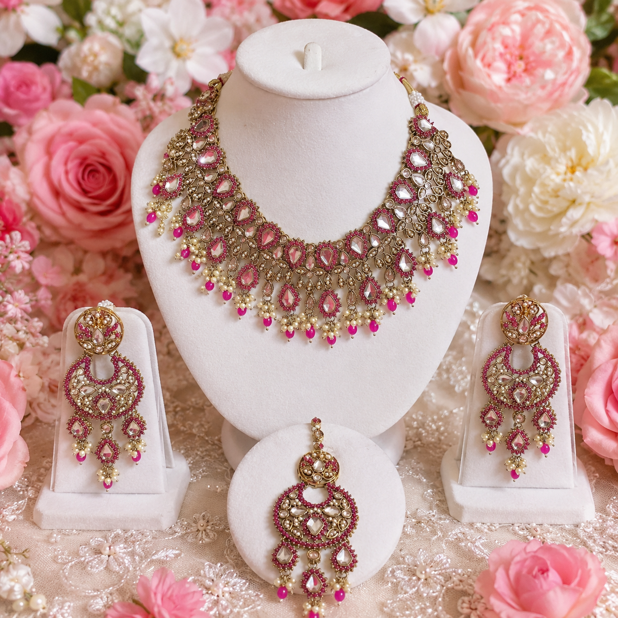 Royal Pink Kundan Bridal Jewelry Set – Elegant Necklace, Earrings & Maang Tikka