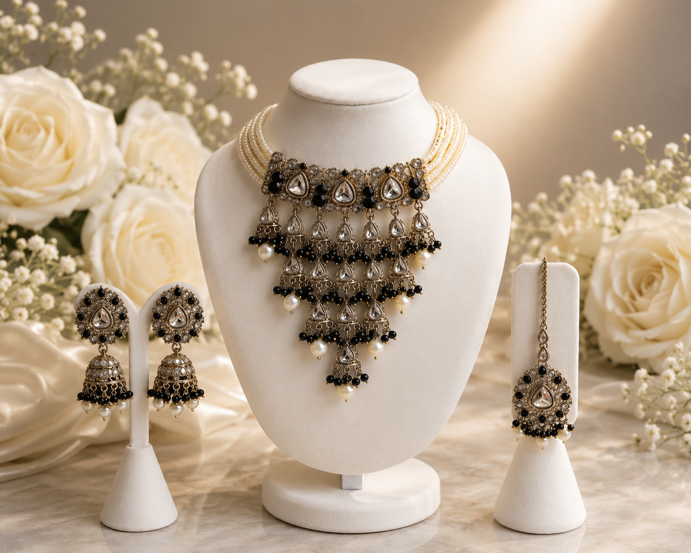 Cream black Pearl Multi-Strand Necklace with Antique-Gold Filigree