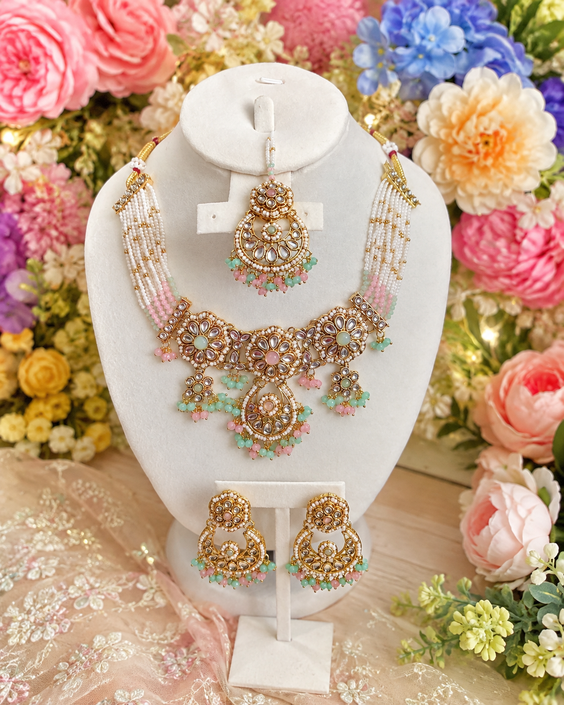 Elegant Wedding & Festive Jewelry Set – Gold, Pink & Mint