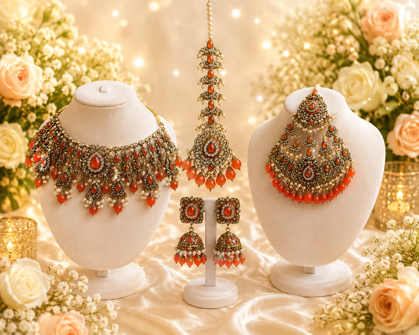 Traditional Gold-Tone Necklace Set with Orange Stone Accents